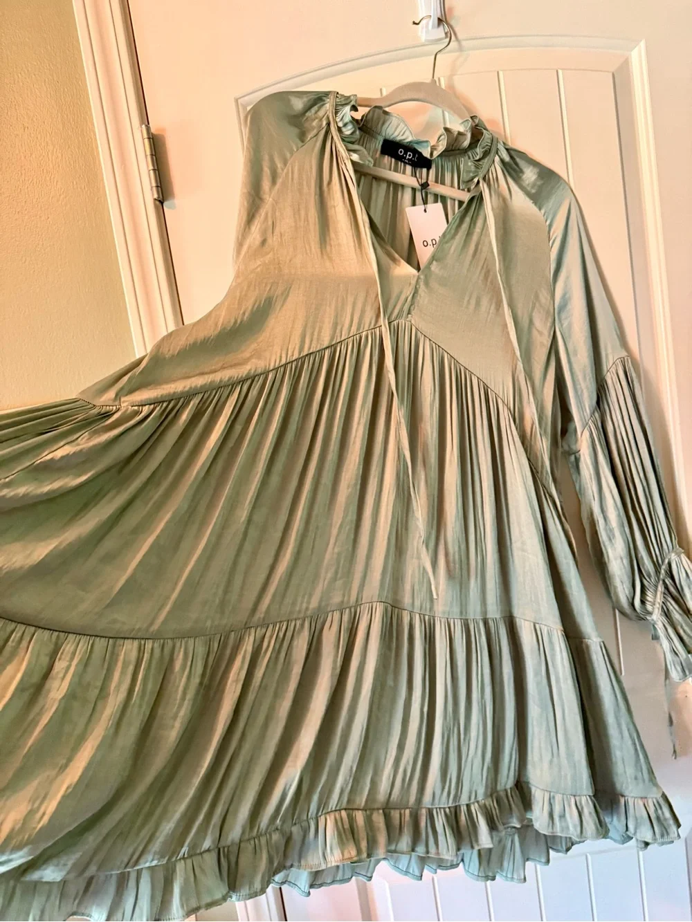 o.p.t by Anthropologie Sage Green Tiered V-Neck Tunic Top Liquid Shine NWT - Picture 3 of 13
